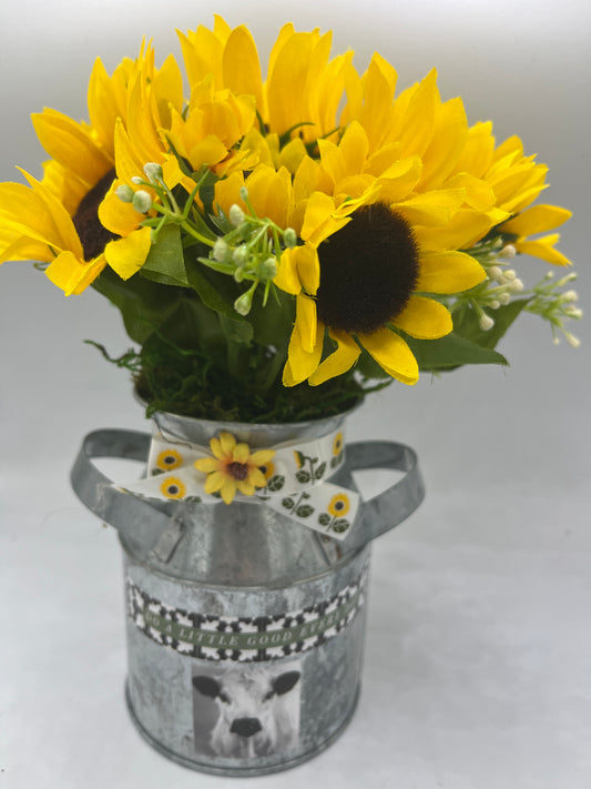 Small Milk can with Sunflowers and Cow